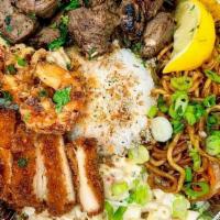 Triple Protein Plate · Choice of 3 proteins, 2 sides, rice or noodles, and a salad.