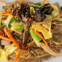 Japchae · Cellophane noodles stir-fried with beef and veggies