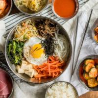 Bibimbap · Bowl of mixed veggies and fried egg, topped with choice of beef, chicken, or tofu