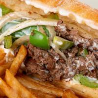 Cheese Steak · Chopped steak in cheese sauce, with onions & peppers, served with your choice of fry