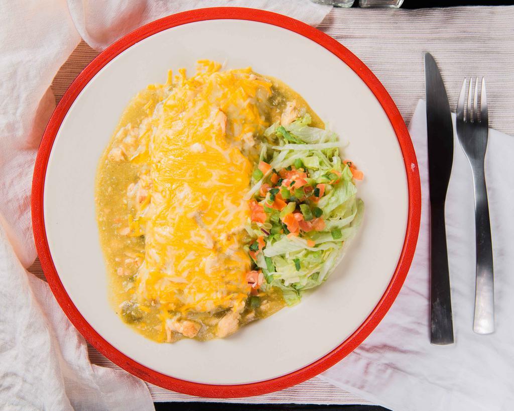 Chicken Chile Verde Burrito · A flour tortilla filled with dave’s chicken chile verde, cilantro-lime rice, beans & smothered with chile verde & cheese. Garnished with lettuce & side of fresh pico.