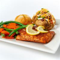 Blackened Salmon · Blackened salmon served with vegetable medley and your choice of potato and dinner roll.
