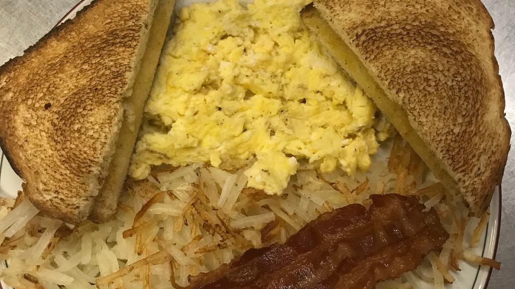 Kelly'S Breakfast · Two eggs with bacon or sausage patty, hash browns and a side of toast. please provide egg preparation