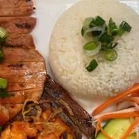 Grilled Meat Rice Plate. · Choice of Chicken, Pork (Beef or Shrimp add $1)