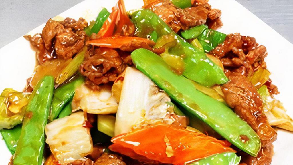 Beef With Mixed Vegetables · Beef stir-fried in a brown garlic sauce.