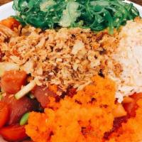 Ichiban (Spicy) · Tuna, salmon, rex sauce, cucumber, cherry tomato, edamame, spicy crab mix, seaweed salad, ma...