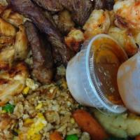 3 Protein Platter · Fried rice, veggie, spicy noodles, 2 drinks chicken, steak & shrimp.