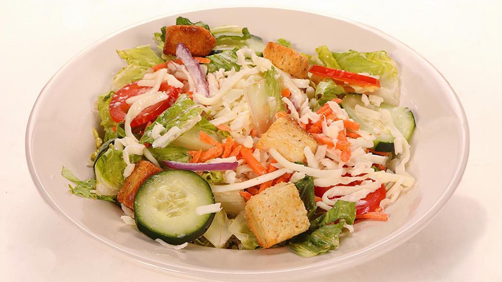 House Salad · Lettuce, tomato, red onions, carrots, cucumbers, mozzarella and croutons.