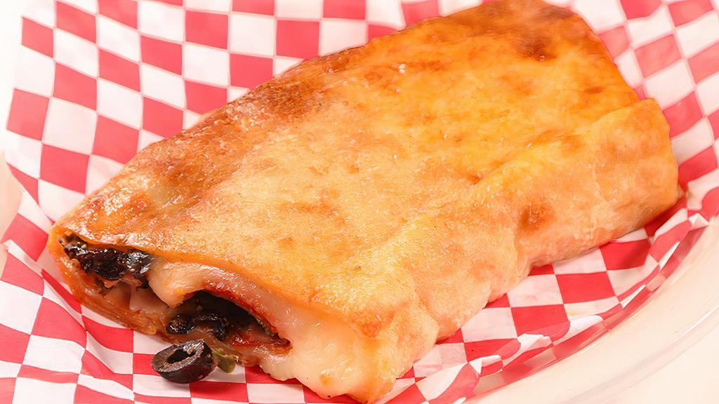 Stromboli · Cannot be modified. Pepperoni, Canadian bacon, mushrooms, green peppers, black olives.