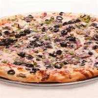 The Brooklyn Dodger · Mushrooms, garlic, black olives, green peppers and red onions.