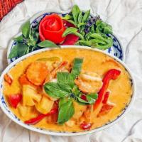 Pineapple Curry · Spicy. Choice of meat with red curry paste in coconut milk, pineapple, bell peppers, carrots...