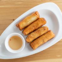 Spring Rolls (4) · Deep fried eggrolls stuffed with vegetables, served with sweet and sour sauce.