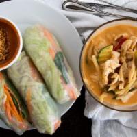 Fresh Summer Rolls (3) · Rice paper filled with tofu, glass noodles, cucumber, lettuce, and basil, served with peanut...