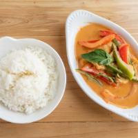 Panang Curry · Medium spicy. Bell peppers, kaffir lime leaves, peanut sauce, Panang curry paste, and coconu...