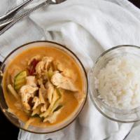 Red Curry · Bamboo, bell peppers, basil leaves, red curry paste, and coconut milk.
