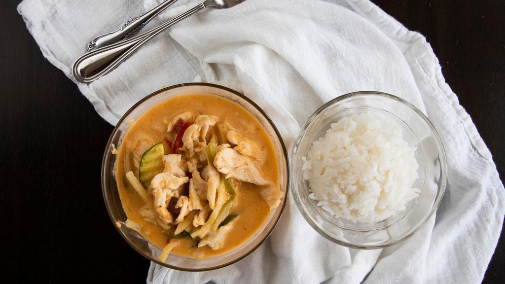 Red Curry · Bamboo, bell peppers, basil leaves, red curry paste, and coconut milk.