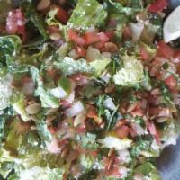 Romaine Salad · Cilantro-pepita dressing, toasted pepitas,
pico de gallo, cotija, lime