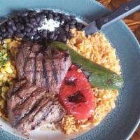 Grilled Carne Asada · Marinated skirt steak, achiote-chile rice, black beans, Mexican street corn, grilled peppers...
