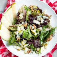 Pear & Gorgonzola · Pears, toasted walnuts and gorgonzola cheese tossed with mixed greens and a balsamic vinaigr...