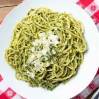 Spaghetti Al Pesto · Basil, garlic, pine nuts, olive oil, parmesan & pecorino