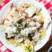 Frutti Di Mare · Wild cod, prawns, Clams & calamari with olive oil, garlic, capers, onions and olives with sp...