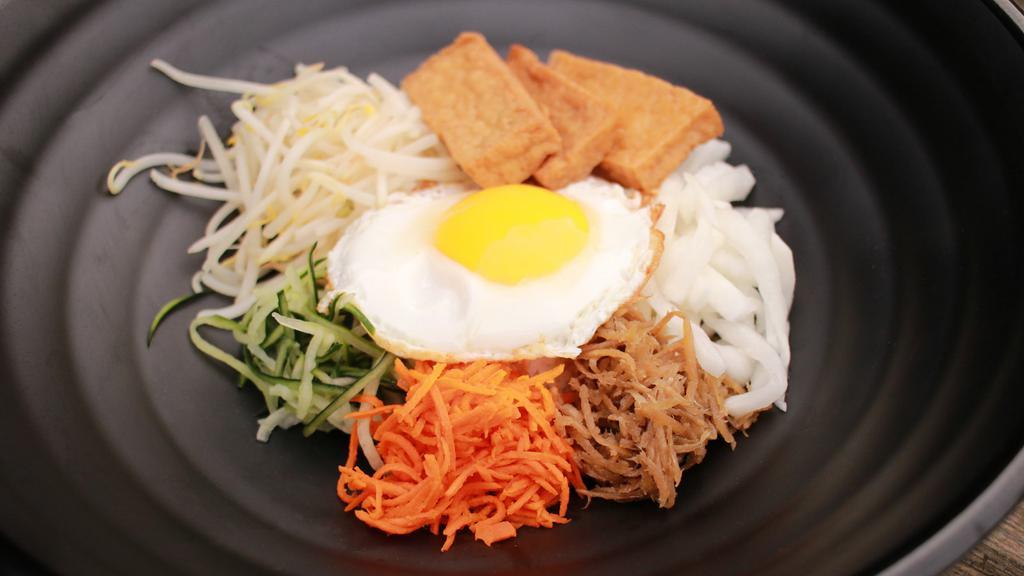 Dooboo Bibim-Bap · Gluten Free. Tofu, burdock root, egg, bean sprouts, carrot radish, cucumber, spicy gochu-jang or garlic soy.