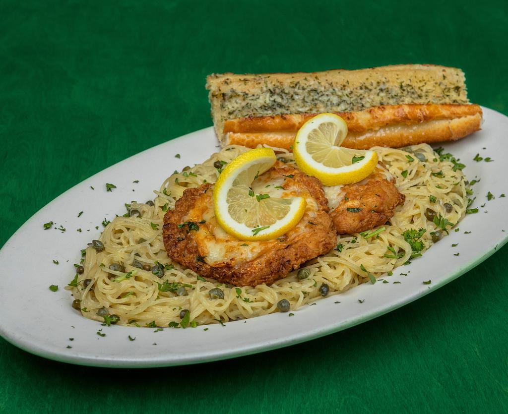 Hakuna Piccatta · Two large chicken breasts lightly breaded and baked to perfection, served over fettuccini pasta with a delicious lemon butter sauce and those cool little capers. Try this and have no worries for the rest of your night.