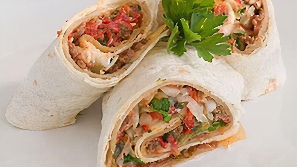 Burrito(Bulgogi-Beef)) · Use Flour tortillas, Bulgogi beef, Kimchi fried rice with Japchae noodle, cabbage, lettuce, fresh bean sprout and cilantro with spicy mayo sauce.