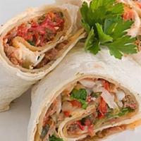 Burrito(Pork) · Use Flour tortillas, Pork meat, Kimchi fried rice with Japchae noodle, cabbage, lettuce, fre...