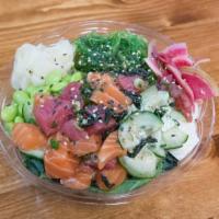 Healthy 2.0 Bowl · Brown rice, kale, salmon, ahi tuna, edamame, seaweed salad, ginger, watermelon radish, tofu,...