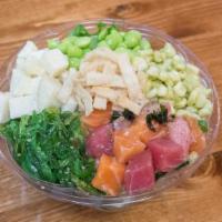 Daily Greens Bowl · Kale, spring mix, arugula, cilantro lime vinaigrette, seared ahi tuna, salmon, jicama, edama...