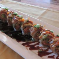 Osaka Roll · Spicy tuna, spicy crabmeat, and avocado on the inside topped with white tuna, avocado, light...