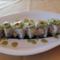 Jade Roll · Spicy crabmeat, lobster salad, and cucumber on the inside topped with super white tuna, jala...