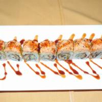 Lanny Roll · Eel and cucumber, on the inside topped with avocado, spicy crabmeat. Raw.