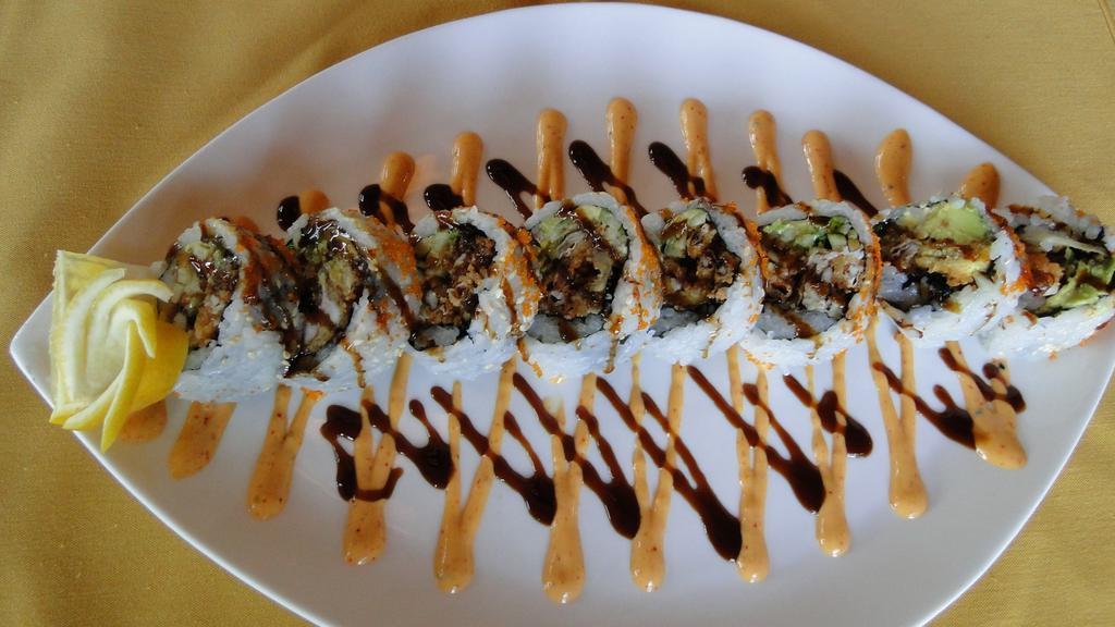 Spider Roll · Soft shell crab, crabmeat, cucumber and avocado topped with tobiko and house special sauce.