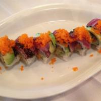 Kamikaze Roll · Yellowtail, salmon, cucumber and spicy mayo topped with seasoned black pepper tuna, tobiko a...