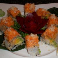 Phoenix Roll · Albacore tuna, super white tuna, avocado and mango topped with spicy salmon crunch with hous...
