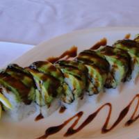 Dragon Roll · Barbeque eel and cucumber wrapped with avocado, glazed with eel sauce.