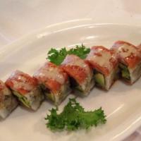 Crazy Roll · Black pepper tund with avocado topped with spicy tuna and drizzled with house signature sauc...