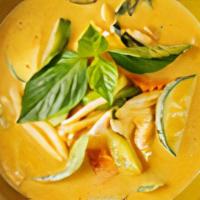 Red Curry** · Coconut milk, red curry paste, carrots, zucchini, bamboo shoots, bell pepper, and basil.