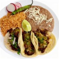 #3 - 3 Tacos Plate · Always a fave! The famous street tacos! Corn tortilla tacos with your choice of protein. Top...