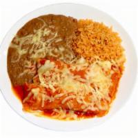 #2 - 2 Enchilada Plate · Corn tortillas filled with your choice of filling, smothered with a red homemeade mild sauce...