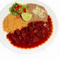 #27 - Birria Plate · Birria beef in it's delicious broth served with rice, beans, a lime, a serrano pepper, and 4...