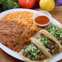 3 Taco Combo · Three tacos, choice of chicken or carne asada, rice, beans, salad, red onions.