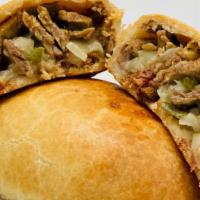 Steak And Cheese · Shaved beef, Monterey Jack cheese, onions, red and poblano peppers. Two pasties per order.