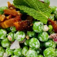Minted Pea & Bacon Salad · Petite peas, water chestnuts, red onion, bacon, mint sour cream dressing.