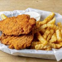 Chicken Strips · Two huge strips served with fries and ranch.