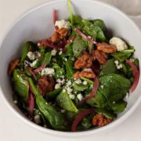 Spinach & Pear · spinach, shaved red onion, gorgonzola, wine poached bartlett pear, toasted walnut, balsamic ...