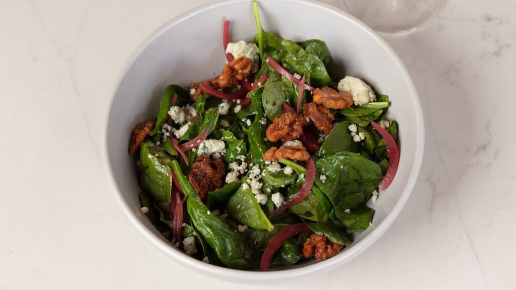 Spinach & Pear · spinach, shaved red onion, gorgonzola, wine poached bartlett pear, toasted walnut, balsamic vinaigrette