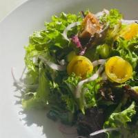 Simple Salad · field greens, heirloom tomato, red onion, cucumber, lemonette